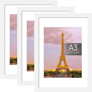 upsimples A3 Picture Frame Set of 3, Made of High Definition Glass for 8.3x11.7 with Mat or 11.7x16.5 Without Mat, Wall Mounting Photo Frames, White