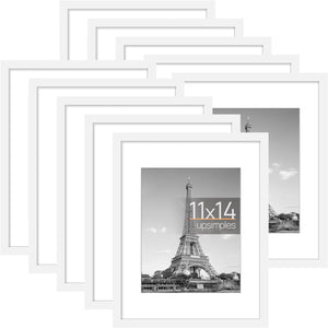 upsimples 11x14 Picture Frame Set of 10, 8x10 with Mat or 11x14 Without Mat, Multi Photo Frames Collage for Wall or Tabletop Display, White