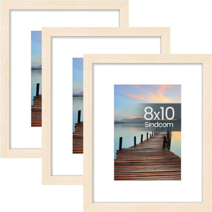 Sindcom 8x10 Picture Frame 3 Pack, Poster Frames with Detachable Mat for 5x7 Prints, Horizontal and Vertical Hanging Hooks for Wall Mounting, Natural Photo Frame for Gallery Home Décor Natural