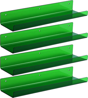 upsimples Clear Green Acrylic Shelves for Wall Storage, 15" Acrylic Floating Shelves Wall Mounted, Kids Bookshelf, Display Ledge Wall Shelves for Bedroom, Living Room, Bathroom, Set of 4