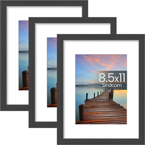 Sindcom 8.5x11 Picture Frame 3 Pack, Poster Frames with Detachable Mat for 6x8 Prints, Horizontal and Vertical Hanging Hooks for Wall Mounting, Charcoal Gray Photo Frame for Gallery Home Décor