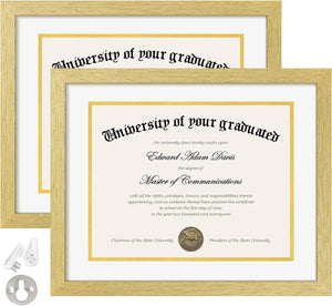 upsimples 11x14 Diploma Frame Certificate Degree Document Frame with High Definition Glass, 2 Pack Diploma Frames 8.5 x 11 with mat for Wall and Tabletop, Gold White Double Mat