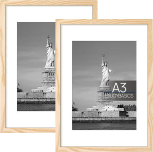 ENJOYBASICS A3 Picture Frame, Display Poster 8.3x11.7 with Mat or 11.7x16.5 Without Mat, Wall Gallery Photo Frames, Natural, 2 Pack