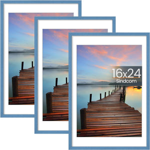 Sindcom 16x24 Poster Frame 3 Pack, Blue Wall Decor Picture Frames with Detachable Mat for 14x20 Prints, Horizontal and Vertical Hanging Hooks for Wall Mounting, Blue Photo Frame for Gallery Home Room Bathroom Décor