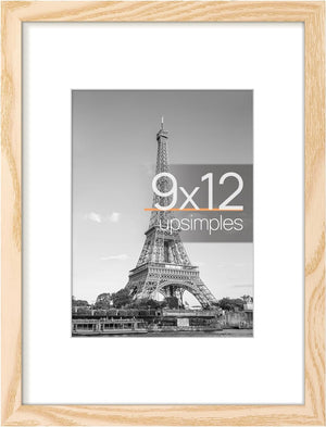 upsimples 9x12 Picture Frame, Display Pictures 6x8 with Mat or 9x12 Without Mat, Wall Hanging Photo Frame, Natural, 1 Pack