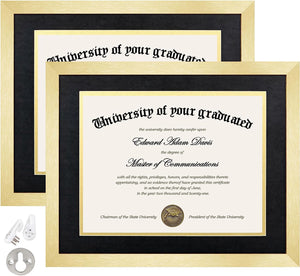 Upsimples 11x14 Diploma Frame Certificate Degree Document Frame with High Definition Glass, 2 Pack Diploma Frames 8.5 x 11 with mat for Wall and Tabletop, Gold Double Mat