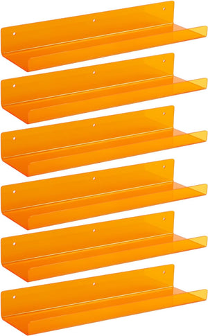 upsimples Clear Orange Acrylic Shelves for Wall Storage, 15" Acrylic Floating Shelves Wall Mounted, Kids Bookshelf, Display Ledge Wall Shelves for Bedroom, Living Room, Bathroom, Set of 6