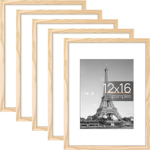 upsimples 12x16 Picture Frame Set of 5, Display Pictures 8.5x11 with Mat or 12x16 Without Mat, Wall Gallery Poster Frames, Natural
