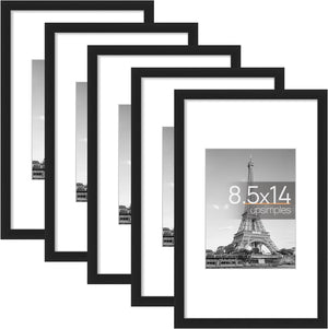 upsimples 8.5x14 Picture Frame Set of 5, Display Pictures 6x8 with Mat or 8.5x14 Without Mat, Wall Gallery Photo Frames, Black