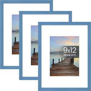 Sindcom 9x12 Picture Frame 3 Pack, Blue Wall Decor Photo Frames with Detachable Mat for 6x8 Prints, Horizontal and Vertical Hanging Hooks for Wall Mounting, Blue Poster Frames for Gallery Home Room Bathroom Décor