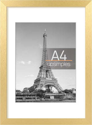 upsimples A4 Picture Frame, Display Pictures 6x8 with Mat or 8.3x11.7 Without Mat, Wall Hanging Photo Frame, Gold, 1 Pack