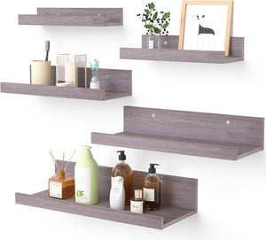 Upsimples Home Floating Shelves for Wall Decor Storage, Wall Shelves Set of 5, Wall Mounted Wood Shelves for Bedroom, Living Room, Bathroom, Kitchen, Small Picture Ledge Shelves, Grey