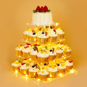 upsimples 4 Tier Acrylic Cupcake Stand, Dessert Tower for 52 Cupcakes, Square Cupcake Display Stand with Yellow LED Light for Birthday, Baby Shower, Tea Party and Wedding Décor