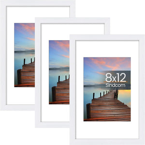 Sindcom 8x12 Picture Frame 3 Pack, Poster Frames with Detachable Mat for 6x8 Prints, Horizontal and Vertical Hanging Hooks for Wall Mounting, White Photo Frame for Gallery Home Décor