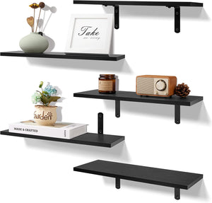 upsimples Floating Shelves for Wall Decor Storage, Wall Mounted Shelves Set of 5, Sturdy Small Wood Shelves with Metal Brackets Hanging for Bedroom, Living Room, Bathroom, Kitchen, Book, Black