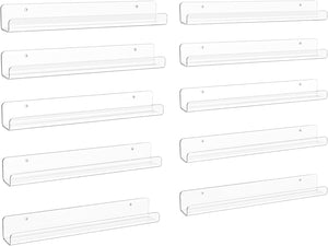 upsimples 10 Pack Clear Acrylic Shelves, 12" Nursery Book Shelves for Wall, Floating Bookshelf for Kids Baby, Vinyl Display, Record Holder, Magazine Rack, Picture Ledge Shelf