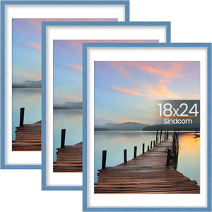 Sindcom 18x24 Poster Frame 3 Pack, Blue Wall Decor Picture Frames with Detachable Mat for 16x20 Prints, Horizontal and Vertical Hanging Hooks for Wall Mounting, Blue Poster Frames for Gallery Home Room Bathroom Décor