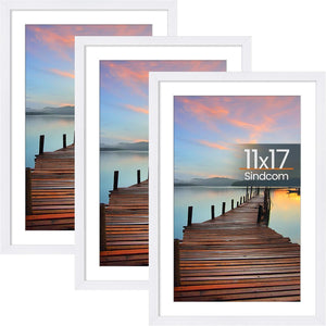 Sindcom 11x17 Picture Frame 3 Pack, Poster Frames with Detachable Mat for 9x15 Prints, Horizontal and Vertical Hanging Hooks for Wall Mounting, White Photo Frame for Gallery Home Décor