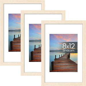 Sindcom 8x12 Picture Frame 3 Pack, Poster Frames with Detachable Mat for 6x8 Prints, Horizontal and Vertical Hanging Hooks for Wall Mounting, Natural Photo Frame for Gallery Home Décor
