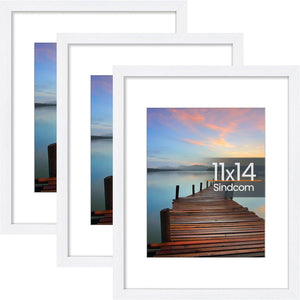 Sindcom 11x14 Picture Frame 3 Pack, Poster Frames with Detachable Mat for 8x10 Prints, Horizontal and Vertical Hanging Hooks for Wall Mounting, White Photo Frame for Gallery Home Décor