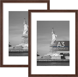 ENJOYBASICS A3 Picture Frame, Display Poster 8.3x11.7 with Mat or 11.7x16.5 Without Mat, Wall Gallery Photo Frames, Brown, 2 Pack