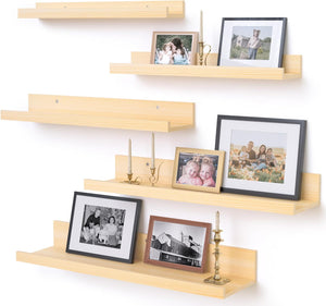 Upsimples Home Floating Shelves for Wall Décor Storage, Wall Shelves Set of 5, Small Picture Ledge Farmhouse Shelves, Wall Mounted Wood Shelves for Living Room, Bedroom, Bathroom, Kitchen, Natural