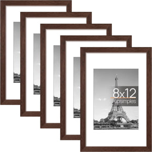 upsimples 8x12 Picture Frame Set of 5, Display Pictures 6x8 with Mat or 8x12 Without Mat, Wall Gallery Photo Frames, Brown