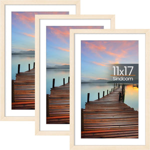 Sindcom 11x17 Poster Frame 3 Pack, Poster Frames with Detachable Mat for 9x15 Prints, Horizontal and Vertical Hanging Hooks for Wall Mounting, Natural Photo Frame for Gallery Home Décor