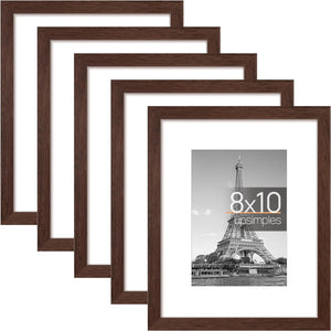 upsimples 8x10 Picture Frame Set of 5, Display Pictures 5x7 with Mat or 8x10 Without Mat, Wall Gallery Photo Frames, Brown