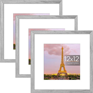 upsimples 12x12 Picture Frame Made of High Definition Glass, Display Pictures 8x8 with Mat or 12x12 Without Mat, Gallery Wall Frame Set, Gray