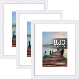 Sindcom 8x10 Picture Frame 3 Pack, Poster Frames with Detachable Mat for 5x7 Prints, Horizontal and Vertical Hanging Hooks for Wall Mounting, White Photo Frame for Gallery Home Décor