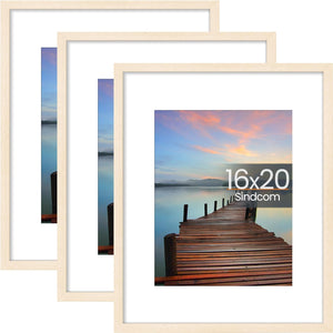 Sindcom 16x20 Poster Frame 3 Pack, Boho Wall Decor Picture Frames with Detachable Mat for 11x14 Prints, Horizontal and Vertical Hanging Hooks for Wall Mounting, Natural Photo Frame for Gallery Home Décor