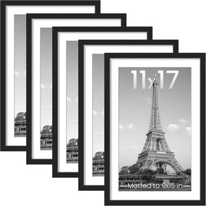 upsimples 11x17 Picture Frame Set of 5,Display Pictures 9x15 with Mat or 11x17 Without Mat,Wall Gallery Photo Frames,Black