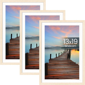 Sindcom 13x19 Picture Frame 3 Pack, Poster Frames with Detachable Mat for 11x17 Prints, Horizontal and Vertical Hanging Hooks for Wall Mounting, Natural Photo Frame for Gallery Home Décor
