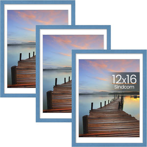Sindcom 12x16 Picture Frame 3 Pack, Blue Wall Decor Poster Frames with Detachable Mat for 11x14 Prints, Horizontal and Vertical Hanging Hooks for Wall Mounting, Blue Photo Frame for Gallery Home Room Bathroom Décor