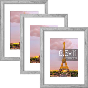 upsimples 8.5x11 Picture Frame Set of 3, Made of High Definition Glass for 6x8 with Mat or 11x14 Without Mat, Wall and Tabletop Display Photo Frames, Gray