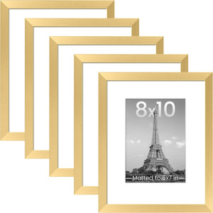 upsimples 8x10 Picture Frame Set of 5,Display Pictures 5x7 with Mat or 8x10 Without Mat,Wall Gallery Photo Frames, Gold
