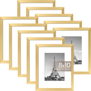 upsimples 8x10 Picture Frame Set of 10,Display Pictures 5x7 with Mat or 8x10 Without Mat,Multi Photo Frames Collage for Wall or Tabletop Display,Gold
