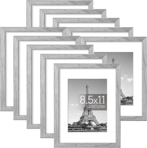 upsimples 8.5x11 Picture Frame Set of 10, Display Pictures 6x8 with Mat or 8.5x11 Without Mat, Multi Photo Frames Collage for Wall or Tabletop Display, Real Glass, Gray