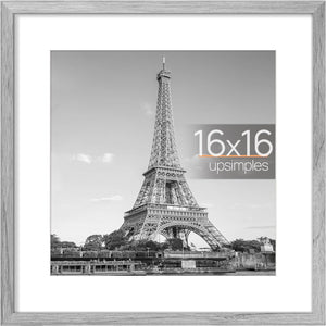 upsimples 16x16 Picture Frame, Display Pictures 12x12 with Mat or 16x16 Without Mat, Wall Hanging Poster Frame, Gray, 1 Pack