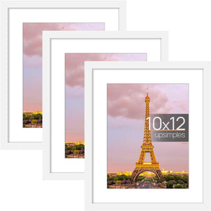 upsimples 10x12 Picture Frame Set of 3, Made of High Definition Glass for 7x9 with Mat or 10x12 Without Mat, Wall Mounting Photo Frames, White