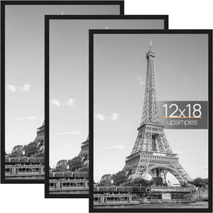 upsimples 12x18 Frame Black 3 Pack, Poster Frames 12 x 18 for Horizontal or Vertical Wall Mounting, Scratch-Proof Wall Gallery Photo Frame