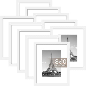upsimples 8x10 Picture Frame Set of 10,Display Pictures 5x7 with Mat or 8x10 Without Mat,Multi Photo Frames Collage for Wall or Tabletop Display,White