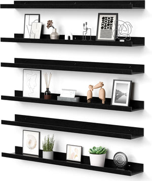 upsimples Floating Shelves for Wall, Wall Shelves for Decor Storage Set of 6, Wall Mounted Wood Shelf for Bedroom, Living Room, Bathroom, Kitchen, 35.5 inch Long Picture Ledge Shelf, Black