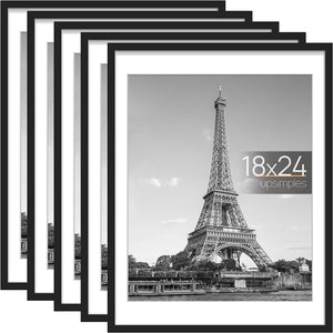 upsimples 18x24 Picture Frame Set of 5, Display Pictures 16x20 with Mat or 18x24 Without Mat, Wall Gallery Photo Frames, Black