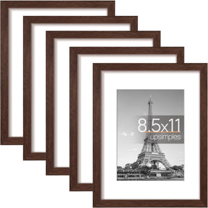 upsimples 8.5x11 Picture Frame Set of 5, Display Pictures 6x8 with Mat or 8.5x11 Without Mat, Wall Gallery Photo Frames,Brown