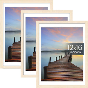 Sindcom 12x16 Picture Frame 3 Pack, Boho Wall Decor Poster Frames with Detachable Mat for 11x14 Prints, Horizontal and Vertical Hanging Hooks for Wall Mounting, Natural Photo Frame for Gallery Home Décor