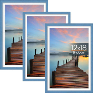 Sindcom 12x18 Poster Frame 3 Pack, Blue Wall Decor Picture Frame with Detachable Mat for 11x17 Prints, Horizontal and Vertical Hanging Hooks for Wall Mounting, Blue Photo Frame for Gallery Home Room Bathroom Décor