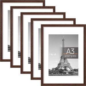 upsimples A3 Picture Frame Set of 5, Display Pictures 8.3x11.7 with Mat or 11.7x16.5 Without Mat, Wall Gallery Poster Frames, Brown