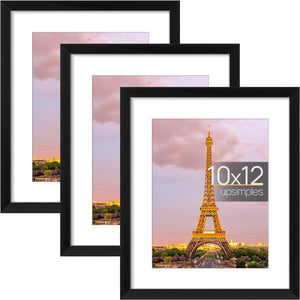 upsimples 10x12 Picture Frame Set of 3, Made of High Definition Glass for 7x9 with Mat or 10x12 Without Mat, Wall Mounting Photo Frames, Black